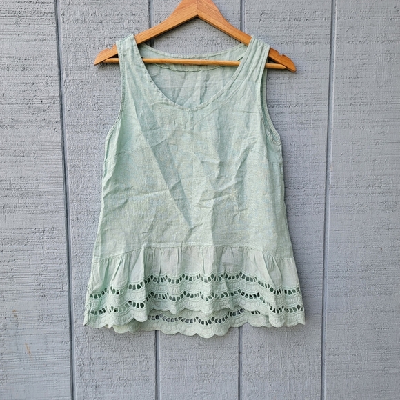 Valentina Naldi 100% Linen Peplum Eyelet Top sz S Mint Green Chic Coastal Beach - Picture 1 of 9